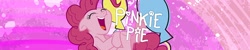 Size: 1500x300 | Tagged: safe, pinkie pie, pony, balloon, laughing, official, official art, pink background, rainbow squad, simple background, stock image