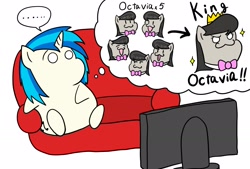 Size: 2039x1377 | Tagged: safe, artist:iroenpitu_nico, dj pon-3, octavia melody, vinyl scratch, earth pony, pony, unicorn, bowtie, chibi, digital art, imagining, king, sofa, television, thinking bubble