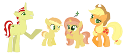 Size: 1024x460 | Tagged: safe, artist:dawnthebarrel, applejack, flim, earth pony, pony, family, female, flimjack, male, offspring, parent:applejack, parent:flim, parents:flimjack, shipping, straight