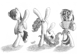 Size: 1415x1000 | Tagged: safe, artist:poldekpl, derpibooru import, dj pon-3, pinkie pie, vinyl scratch, oc, earth pony, pony, accordion, bipedal, dancing, musical instrument, pencil drawing, traditional art