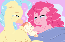 Size: 1114x722 | Tagged: safe, artist:purfectprincessgirl, pinkie pie, princess skystar, oc, oc:pearlescent olivia pie, earth pony, pony, baby, crying, female, fluffy, lesbian, magical lesbian spawn, offspring, parent:pinkie pie, parent:princess skystar, parents:skypie, shipping, skypie