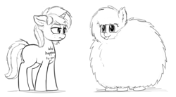 Size: 4000x2212 | Tagged: safe, artist:zippysqrl, oc, oc only, oc:fluffle puff, oc:sign, earth pony, pony, unicorn, :p, body writing, female, fluffy, freckles, grayscale, lidded eyes, monochrome, raised eyebrow, simple background, sketch, tongue out, white background