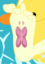 Size: 322x462 | Tagged: safe, edit, edited screencap, editor:sonic ranger, screencap, fluttershy, better together, equestria girls, i'm on a yacht, barefoot, cropped, element of kindness, feet, flutterfeet, foot focus, soles, solo, tattoo, wiggling toes