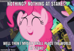 Size: 540x369 | Tagged: safe, edit, edited screencap, screencap, pinkie pie, earth pony, pony, secrets and pies, animated, caption, crazy face, faic, gif, image macro, insanity, laughing, meme, solo, text