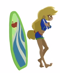 Size: 1819x2286 | Tagged: safe, artist:examonedayago, applejack, better together, blue crushed, equestria girls, barefoot, clothes, feet, simple background, solo, surfboard, swimsuit, white background