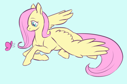 Size: 1280x853 | Tagged: safe, artist:feroxaurus, fluttershy, butterfly, pegasus, pony, blue background, cute, hair over one eye, no more ponies at source, prone, shyabetes, simple background, solo, spread wings, wings