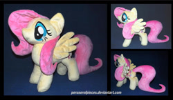 Size: 1280x741 | Tagged: safe, artist:peruserofpieces, fluttershy, pegasus, pony, female, irl, long tail, mare, photo, plushie, profile, smiling, solo, spread wings, standing, toy, wings