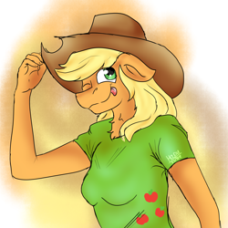 Size: 3000x3000 | Tagged: safe, artist:euspuche, applejack, anthro, abstract background, looking at you, tongue out