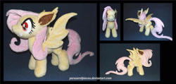 Size: 1600x764 | Tagged: safe, artist:peruserofpieces, fluttershy, bat pony, pony, bats!, angry, bat ears, bat ponified, bat wings, ear fluff, evil grin, facing away, fangs, female, flutterbat, front view, grin, irl, long tail, mare, messy mane, messy tail, minky, photo, plushie, profile, race swap, red eyes, smiling, solo, spread wings, toy, vampire bat pony, wings