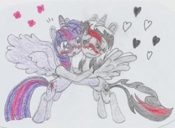 Size: 1324x970 | Tagged: safe, artist:nephilim rider, twilight sparkle, twilight sparkle (alicorn), oc, oc:heaven lost, alicorn, pony, alicorn oc, blushing, cuddling, simple background, spread wings, traditional art, white background, wings