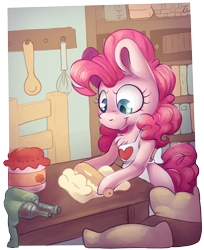 Size: 3942x4828 | Tagged: safe, artist:cutepencilcase, pinkie pie, earth pony, pony, semi-anthro, apron, baking, book, bottle, clothes, digital art, dough, female, flour, hoof hold, jar, mare, measuring cup, rolling pin, smiling, solo, table, whisk, wooden spoon