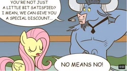 Size: 536x302 | Tagged: safe, artist:sazanamibd, edit, fluttershy, iron will, pegasus, pony, putting your hoof down, cropped, dialogue, duo, eyes closed, no means no, scene interpretation, speech bubble