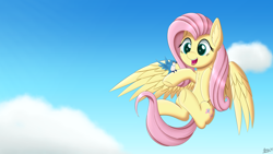 Size: 5120x2880 | Tagged: safe, artist:arcane-thunder, fluttershy, bird, pegasus, pony, cloud, cute, ear fluff, female, flying, mare, open mouth, shyabetes, simple background, sky, smiling, solo