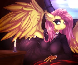 Size: 2000x1667 | Tagged: safe, artist:teta, fluttershy, anthro, pegasus, breasts, candle, ear piercing, earring, female, fluttergoth, full moon, hootershy, jewelry, mare, moon, piercing