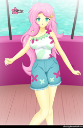 Size: 647x1000 | Tagged: safe, artist:clouddg, fluttershy, better together, equestria girls, spring breakdown, adorasexy, breasts, clothes, cute, female, hootershy, looking at you, open mouth, sexy, shorts, shyabetes, signature, solo