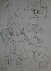 Size: 400x556 | Tagged: safe, artist:emositecc, twilight sparkle, twilight sparkle (alicorn), alicorn, pony, bowing, female, floppy ears, mare, monochrome, raised hoof, simple background, sketch, solo, spread wings, tongue out, traditional art, unamused, white background, windswept mane, wings