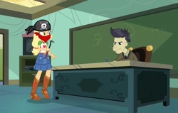 Size: 1454x927 | Tagged: safe, edit, edited screencap, screencap, applejack, cranky doodle donkey, better together, equestria girls, happily ever after party, happily ever after party: applejack, barrette, belt, boots, chalkboard, classroom, clothes, crowbar, cyoa, denim skirt, desk, door, duo, female, geode of super strength, headkerchief, kerchief, male, shoes, skirt