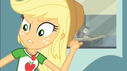 Size: 1440x810 | Tagged: safe, screencap, applejack, cranky doodle donkey, better together, equestria girls, happily ever after party, happily ever after party: applejack, classroom, clothes, cowboy hat, cyoa, desk, door, freckles, geode of super strength, hat, stetson