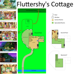 Size: 2000x2000 | Tagged: safe, apple bloom, fluttershy, philomena, earth pony, pegasus, pony, unicorn, a bird in the hoof, season 1, stare master, bow, female, filly, floor plan, fluttershy's cottage, map, mare