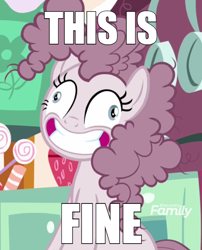 Size: 600x742 | Tagged: safe, edit, edited screencap, screencap, pinkie pie, pony, yakity-sax, blatant lies, caption, contemplating insanity, cropped, derp, discovery family logo, faic, grin, image macro, meme, pinkamena diane pie, smiling, solo, text, this is fine