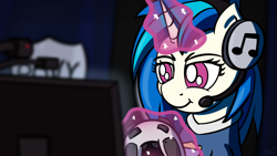 Size: 1280x720 | Tagged: safe, artist:ashtoneer, dj pon-3, vinyl scratch, pony, unicorn, clothes, controller, female, headphones, headset, jersey, levitation, magic, mare, microphone, shirt, solo, telekinesis, video game