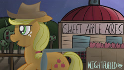 Size: 3840x2160 | Tagged: safe, artist:nightfueled, applejack, earth pony, pony, delivery, farm, female, mare, night, sweet apple acres, working