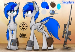 Size: 5362x3743 | Tagged: safe, artist:ralek, oc, oc only, oc:sapphire sights, pegasus, pony, fallout equestria, cutie mark, female, gun, hooves, mare, optical sight, pipbuck, reference sheet, rifle, sniper rifle, solo, weapon, wings