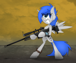 Size: 1600x1323 | Tagged: safe, artist:ralek, oc, oc only, oc:sapphire sights, pegasus, pony, fallout equestria, bipedal, chest fluff, cutie mark, ear piercing, female, grin, gun, hoof hold, hooves, mare, optical sight, piercing, pipbuck, rifle, scope, smiling, sniper rifle, solo, spread wings, teeth, weapon, wings