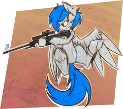 Size: 1331x1175 | Tagged: safe, artist:ralek, oc, oc only, oc:sapphire sights, pegasus, pony, fallout equestria, female, gun, hooves, mare, optical sight, rifle, sniper rifle, solo, spread wings, teeth, weapon, wings