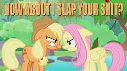 Size: 1417x797 | Tagged: safe, edit, edited screencap, screencap, applejack, fluttershy, earth pony, pegasus, pony, sounds of silence, angry, boop, duo, female, floppy ears, image macro, mare, meme, nickelodeon, noseboop, vulgar