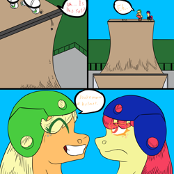 Size: 1024x1024 | Tagged: safe, artist:korencz11, apple bloom, applejack, earth pony, pony, atg 2018, comic, helmet, newbie artist training grounds, skates, skating, speech bubble