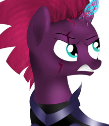 Size: 2465x2855 | Tagged: safe, artist:sunrise-shine-02, tempest shadow, pony, unicorn, my little pony: the movie, armor, broken horn, eye scar, female, magic, mare, scar, simple background, solo, sparking horn, white background