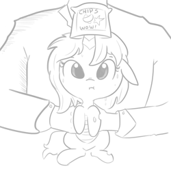 Size: 1650x1650 | Tagged: safe, artist:tjpones, oc, oc only, oc:chips, oc:richard, changeling, changeling queen, human, horse wife, changeling oc, changeling queen oc, chips, female, food, grayscale, holding a changeling, master of disguise, monochrome, simple background, sweat, white background, wow