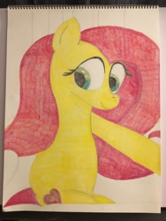 Size: 3024x4032 | Tagged: safe, fluttershy, pegasus, pony, the super speedy cider squeezy 6000, bed, colored pencil drawing, heart, holiday, solo, traditional art, valentine, valentine's day