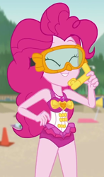 Size: 594x1007 | Tagged: safe, screencap, pinkie pie, better together, equestria girls, unsolved selfie mysteries, clothes, cropped, diving goggles, geode of sugar bombs, goggles, magical geodes, sleeveless, snorkel, swimsuit