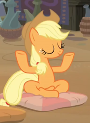 Size: 357x489 | Tagged: safe, screencap, applejack, earth pony, pony, a rockhoof and a hard place, anatomically incorrect, cropped, crossed hooves, crossed legs, eyes closed, female, lotus position, mare, meditating, pillow, sitting, solo