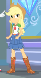 Size: 320x597 | Tagged: safe, applejack, better together, equestria girls, super squad goals, belt, boots, clothes, cowboy boots, cowboy hat, cropped, denim skirt, female, freckles, geode of super strength, hat, implied rarity, shoes, skirt, stetson