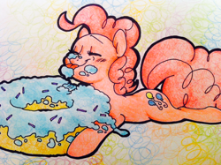 Size: 1280x956 | Tagged: safe, artist:kluzart, pinkie pie, earth pony, pony, abstract background, blushing, donut, eating, eyes closed, female, food, licking, mare, smiling, solo, sprinkles, tongue out, traditional art