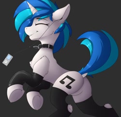 Size: 964x926 | Tagged: safe, artist:capseys, dj pon-3, vinyl scratch, pony, unicorn, blue background, chest fluff, clothes, collar, dock, dock piercing, ear fluff, eyes closed, featureless crotch, female, frog (hoof), headphones, heart, heart hoof, hoofbutt, latex, latex socks, leg warmers, mare, mp3 player, music, music player, piercing, plot, profile, raised tail, shoulder fluff, simple background, smiling, socks, solo, tail, underhoof