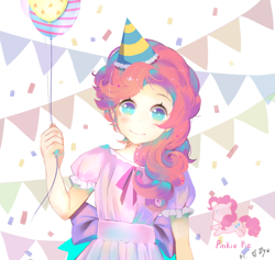 Size: 982x932 | Tagged: safe, artist:豆菌tokun, pinkie pie, earth pony, human, pony, balloon, confetti, cute, diapinkes, female, hat, humanized, looking at you, mare, party hat, solo