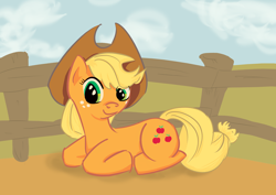 Size: 3508x2480 | Tagged: safe, artist:adhadh, applejack, earth pony, pony, applejack's hat, corral, cowboy hat, female, hat, looking at you, mare, sitting, solo