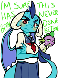 Size: 1005x1335 | Tagged: safe, artist:/d/non, princess ember, spike, dragon, 30 minute art challenge, anime, clothes, emberspike, female, male, my little sister can't be this cute, sailor uniform, shipping, simple background, skirt, straight, white background