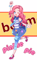 Size: 1000x1600 | Tagged: safe, artist:瑞博, pinkie pie, equestria girls, friendship games, abstract background, anime, cute, cute little fangs, diapinkes, fangs, female, looking at you, one eye closed, open mouth, school spirit, solo, wink