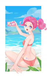 Size: 1152x1838 | Tagged: safe, artist:spooo, pinkie pie, human, equestria girls, beach, bikini, cellphone, clothes, cloud, female, looking at you, open mouth, phone, sand, sitting, sky, solo, swimsuit, water