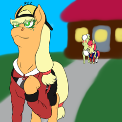 Size: 1024x1024 | Tagged: safe, artist:korencz11, apple bloom, applejack, granny smith, earth pony, pony, atg 2018, clothes, crossover, newbie artist training grounds, pokémon, pokémon gold and silver, pokémon trainer, simple background, trainer gold