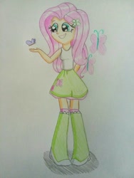 Size: 1224x1632 | Tagged: safe, artist:prinrue, fluttershy, butterfly, equestria girls, boots, clothes, cute, cutie mark on clothes, female, fluttershy's cutie mark, shoes, skirt, socks, solo, tanktop, traditional art