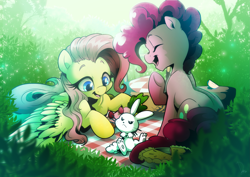 Size: 3507x2480 | Tagged: safe, artist:dormin-dim, angel bunny, fluttershy, pinkie pie, earth pony, pegasus, pony, carrot, cute, diapinkes, female, food, picnic, picnic blanket, pie, shyabetes, strawberries, unamused