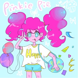 Size: 650x650 | Tagged: safe, artist:柯小末, pinkie pie, human, equestria girls, balloon, clothes, humanized, looking at you, shorts, solo, tongue out