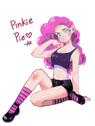 Size: 600x800 | Tagged: safe, artist:襄瓜瓜, pinkie pie, human, belly button, clothes, cute, diapinkes, female, humanized, midriff, shoes, shorts, simple background, socks, solo, striped socks, white background