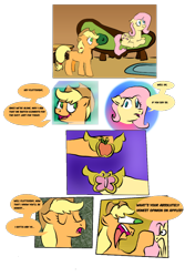 Size: 862x1290 | Tagged: safe, artist:sneshneeorfa, applejack, fluttershy, earth pony, pegasus, pony, carpet, comic, duo, element of honesty, element of kindness, eyes closed, faic, female, hat, mare, open mouth, simple background, smiling, sofa, transparent background